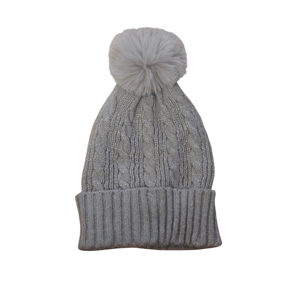 Style & Co Womens Gray Cable Knit Beanie Hat With Pom One Size Sparkle Accents